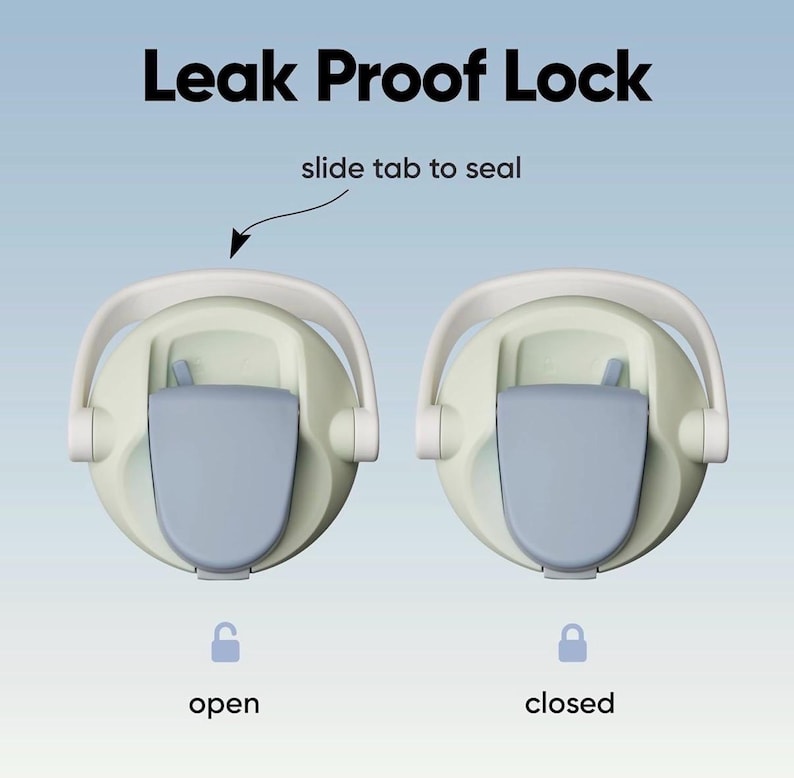 May include: Two light green and white water bottle lids with a blue slide tab. The text "Leak Proof Lock" is at the top, with "slide tab to seal" below. One lid is labeled "open" and the other "closed".