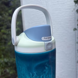 May include: A teal and white water bottle with a handle. The bottle has a push button on the lid and a white handle. The body of the bottle has a swirling pattern of teal and white. The lid is light blue and white.