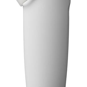 May include: White insulated water bottle with a light blue lid and a white handle. The bottle has the word "owala" printed in a light green color on the side. The handle is attached to the lid with a gray button.