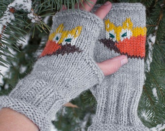 Women's fingerless gloves Woodland animals Fox mittens Knit fox mittens Embroidered gloves Animal mittens Animal arm warmers Fox mittens