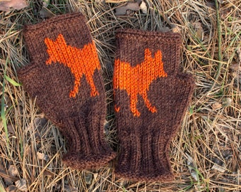 Fox lover gift Knit fingerless mittens with fox hand embroidery Woodland animals fingerless gloves Wool brown mittens Womens knit mittens