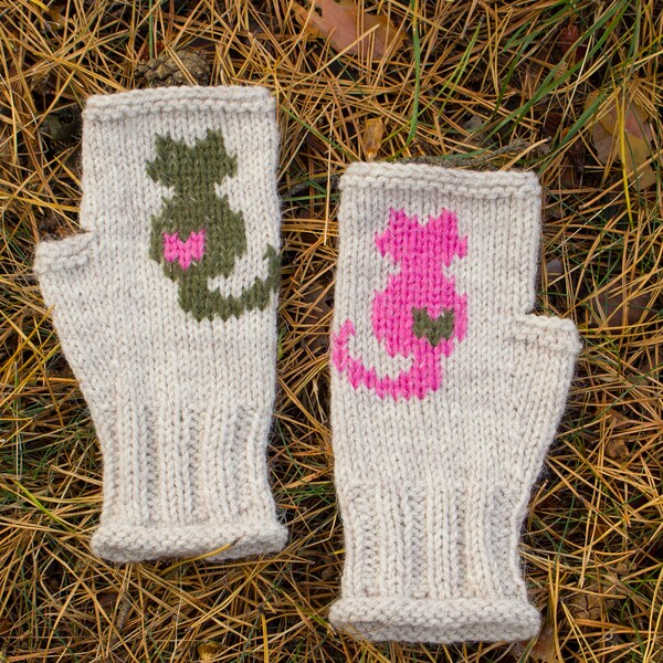 Fingerless gloves  Knitted cat mittens Arm Warmers  Kitty cat gloves  Kitten mittens  Embroidered gloves Wool cat mittens Gift for women