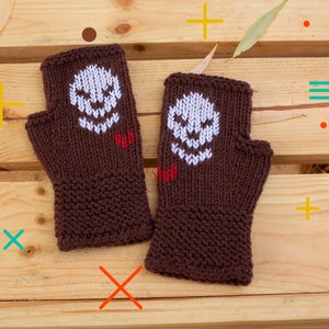 Skeleton fingerless gloves Childrens girls boys knit wool blend mittens with skull hand duplicate stitch embroidery Winter wrist warmers