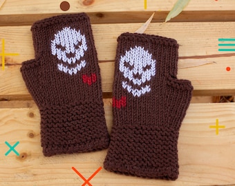 Skeleton fingerless gloves Childrens girls boys knit wool blend mittens with skull hand duplicate stitch embroidery Winter wrist warmers
