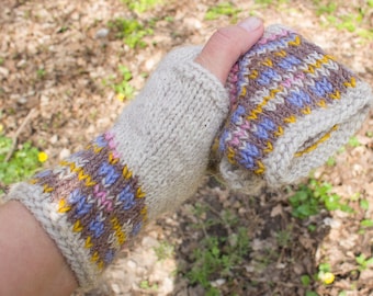 Fair isle with duplicate stitch fingerless gloves Knitt fingerless mittens Wool wrist warmers Fair isle arm warmers Mittens for women