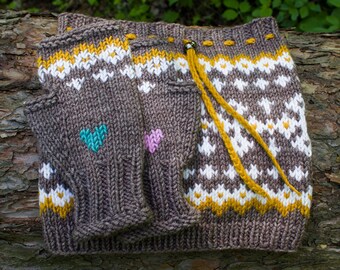 Knit cowl and mittens SET, Fair Isle ponytail beanie and fingerless gloves set, Neck warmer and wrist warmers Set, Nordic, Norwegian mittens