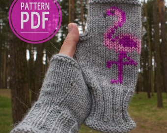 Flamingo fingerless gloves pattern Flamingo wrist warmers pattern PDF Knitting animals pattern arm warmers Mittens for women pattern