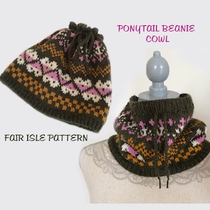 Fair Isle Ponytail Beanie Cowl PATTERN Neck warmer knitting pattern Cowl knitting pattern Cowl beanie pattern PDF Fair isle pattern