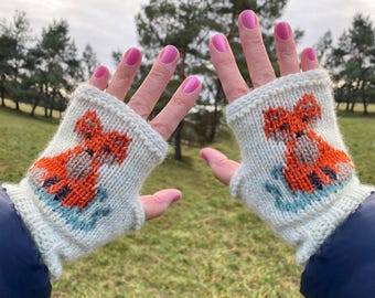 Hand - Knit Wool Fingerless Mittes with Embroidered Fox