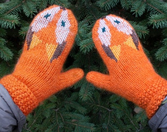 Fox full mittens Wool gloves Embroidered gloves Knitted animal mittens Christmas gift Foxy gloves Woodland animal mittens Orange  gloves