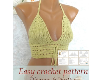 Crochet beach crop top PATTERN, written tutorial in English for every row with HQ charts - Sexy bikini top PDF - Crochet beach wear pattern
