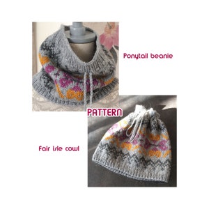Fair isle cowl pattern Ponytail hat beanie pattern Neck warmer hand knitting pattern Cowl knitting pattern Cowl beanie pattern PDF