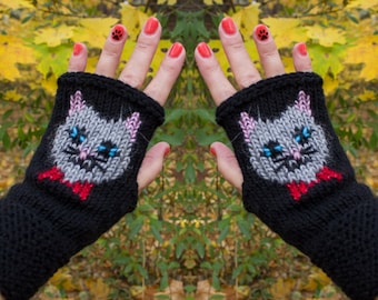 Hipster Cat Fingerless gloves with Cat Women's kitty cat gloves Embroidered mittens Cat face mittens Wool cat Wrist warmers Cat gift