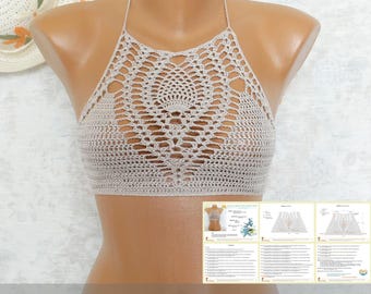 Crochet crop top Pattern, Written tutorial in English for every row with HQ charts, Crochet beach bikini top, Crochet pineapple top PDF