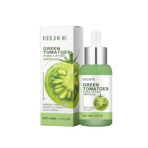 May include: A green glass bottle and box set featuring the text "EELHOE GREEN TOMATOES PORE LIFTING AMPOULE". The bottle has a dropper and contains a green liquid. The box and bottle feature a green tomato illustration. The set is for skincare.