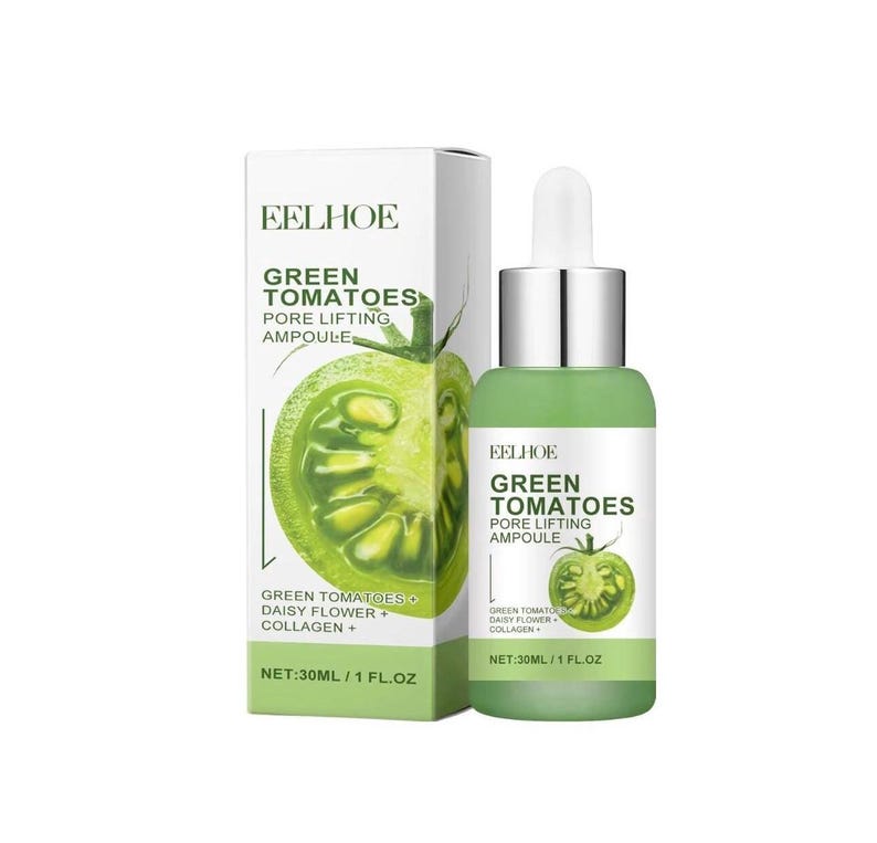 May include: A green glass bottle and box set featuring the text "EELHOE GREEN TOMATOES PORE LIFTING AMPOULE". The bottle has a dropper and contains a green liquid. The box and bottle feature a green tomato illustration. The set is for skincare.