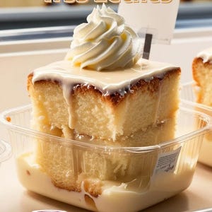 May include: A slice of Tres Leches cake in a clear plastic container, topped with whipped cream. The cake is soaked in a creamy sauce, with the words "Tr3s Leches Cake" on a sign. A small pink angel figurine is in the foreground.