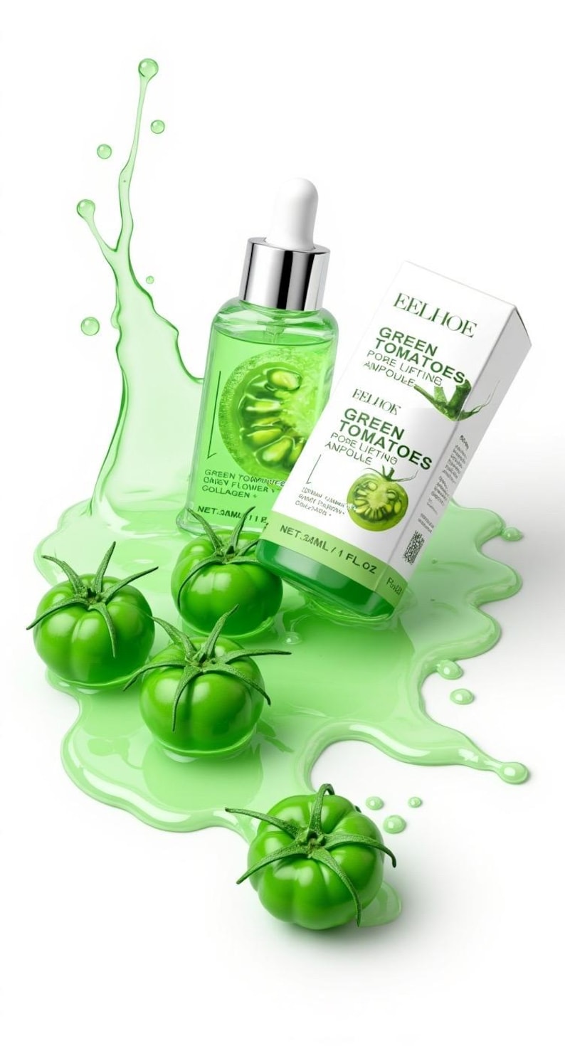 May include: A skincare product display featuring a clear glass bottle with a dropper, a box, and green tomatoes. The bottle and box have the text "GREEN TOMATOES PORE LIFTING ANPOULE". Green liquid and tomatoes are arranged on a white background.