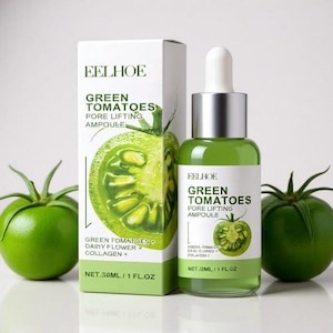 May include: A green glass bottle and a white box with the text "EELHOE GREEN TOMATOES PORE LIFTING AMPOULE" and a green tomato illustration. The bottle contains a green liquid. Two green tomatoes are on either side of the bottle and box. The box reads "NET.30ML / 1 FL.OZ."