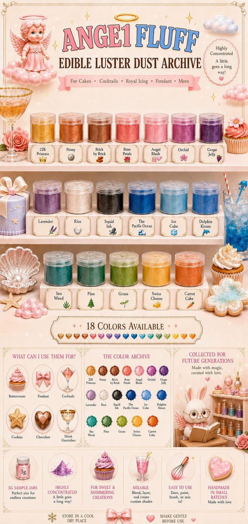 K&ouml;nnte beinhalten: Eine Sammlung von 18 Gl&auml;sern mit essbarem Glitzerstaub mit der Aufschrift Ange1 Fluff Edible Luster Dust Archive. Die Gl&auml;ser sind in Regalen angeordnet mit Farbnamen wie 22K Princess, Penny, Brick by Brick, Rose Petals, Angel Blush, Orchid, Grape Jelly, Lavender, Rice, Squid Ink, The Pacific Ocean, Ice Cube, Dolphin Kisses, Sea Weed, Pine, Grass, Swiss Cheese und Carrot Cake.