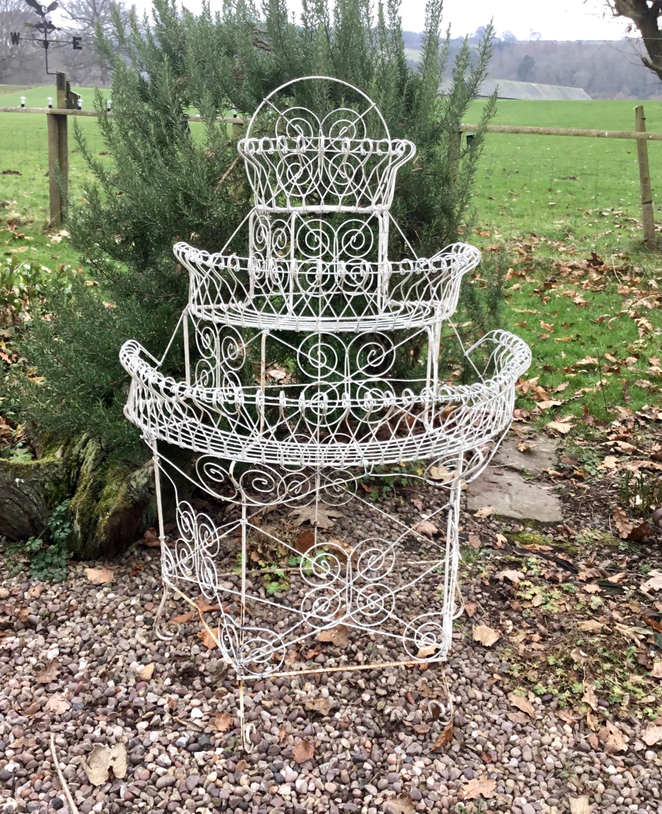 Antique Demi- Lune Wirework Plant Stand - 3 Tier - Early 20th