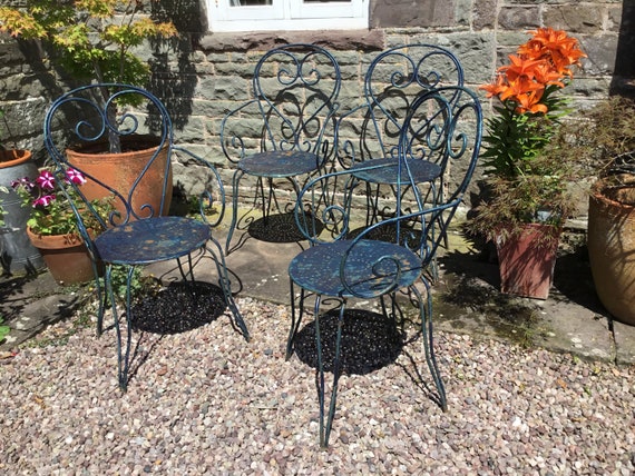 Fabulous Set Of Four Blue Painted Vintage French Metal Garden Etsy