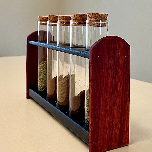 Test Tube Rack- Handcrafted (African Padauk Wood) and Test Tubes and Corks