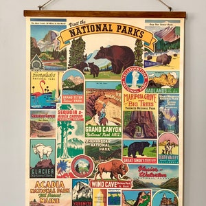 Arte mural de estilo vintage: póster decorativo de papel Cavallini de parques nacionales con bastidores de madera hechos a mano.