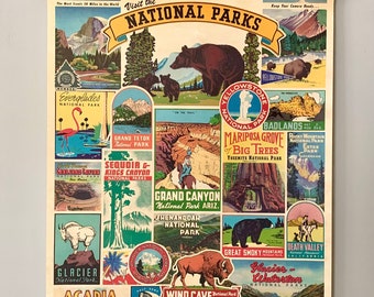 Vintage Style Wall Art: Cavallini Decorative Paper Poster of National Parks with Handcrafted Wood Stretcher Bars