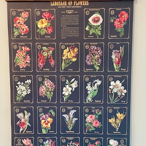 Póster decorativo de papel estilo vintage de Cavallini & Co. de "El lenguaje de las flores" con bastidor de madera artesanal.