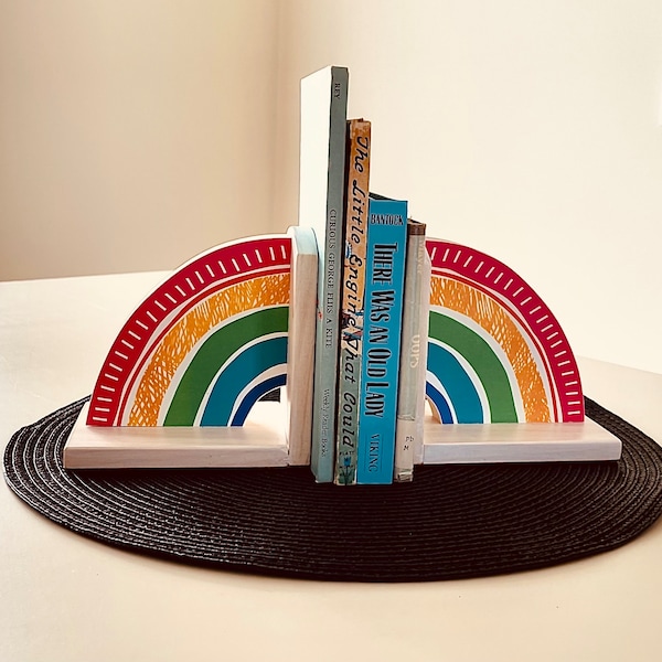 Book Ends- Handcrafted Wood/Paper Rainbow Color Combo with Bright Primary Colors (one pair)