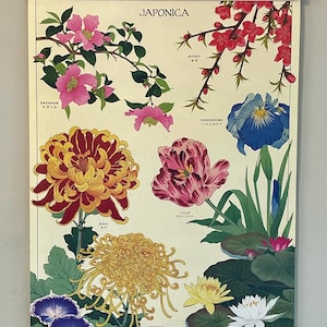 Póster decorativo de papel estilo vintage de Cavallini & Co. de una flor japonesa con bastidor de madera artesanal.