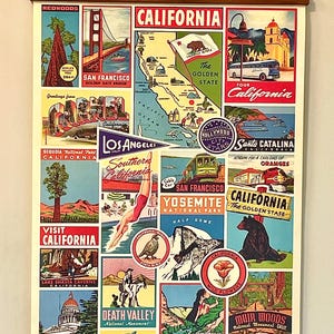 Arte mural de estilo vintage: Póster decorativo de papel Cavallini de California con bastidor de madera artesanal.