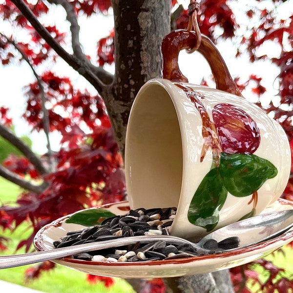 Bird Feeder- Handcrafted with Vintage Cup, Saucer and Spoon