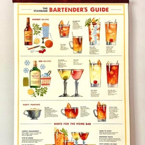 Arte de estilo vintage: Póster decorativo de papel de Cavallini and Co., Guía del barman, con bastidores de madera hechos a mano.