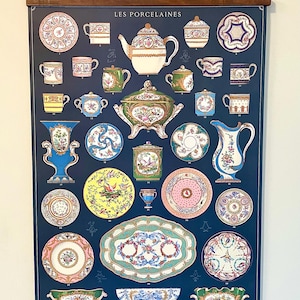 Arte de estilo vintage: Póster decorativo de papel de Cavallini and Co. de Les Porcelaines con bastidores de madera hechos a mano.