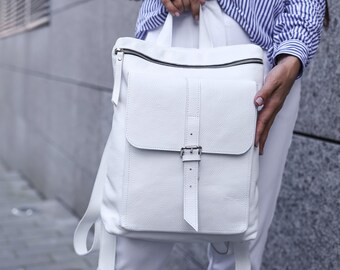 White Backpack, gift for her, minimalist backpack, leather backpack, backpack for women, white women backpack