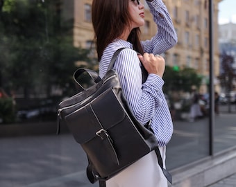 Black leather backpack. Can be used as small backpack, black diaper bag, laptop bag, School backpack, Backpack women, backpack purse