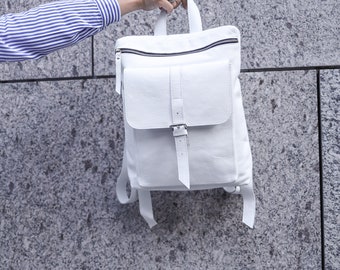 White leather Backpack, best gift for her, minimalist backpack, leather Rucksack, backpack for women, white backpack, white women backpack