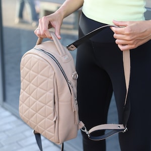 Beige Leather Backpack: Stylish College Bag or Laptop Compartment, or even Diaper Bag. Functional Convertible backpack.