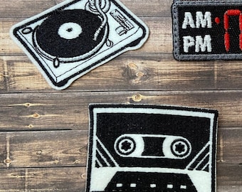 Retro Devices | Record Player, Cassette Tape Iron On Patch | Large 9.5in Or Small 4in