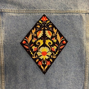 70s Inspired Vintage Paisley Diamond Iron On Patch With Border | Large 9.5in