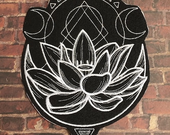 Moon and Lotus Large Iron On Patch | 6.8 x5.5in