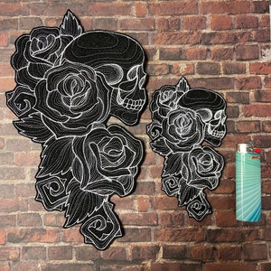 Engraved Skull and Roses Customizable Iron On Patch | Large 10in Or Small 6in