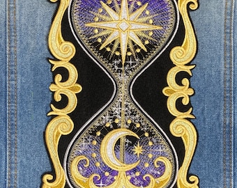 Celestial Hour Glass LARGE Iron-On Patch | Big Jacket Back Patches | Purple or Blue Shading Options, Metallic Thread Details