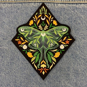 Lunar Moth in Fall Foliage Diamond with Border AND Coordinating Triangle Flower Patch | Sew On or Iron On Patch | Large 7.5in