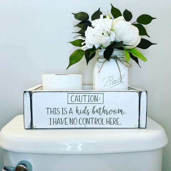 Wood Toilet Paper Holder / Caution Kids Bathroom Storage Box / White  Bathroom Decor / Toilet Storage Box / Farmhouse Bathroom Tray 