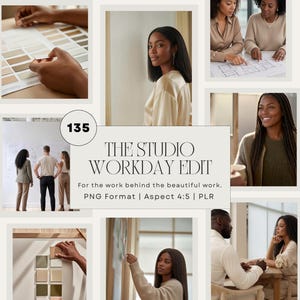 Peut inclure: Une collection numérique intitulée The Studio Workday Edit présentant un collage de photographies de style de vie professionnel. Les images montrent des personnes dans des bureaux, des nuanciers et des plans architecturaux aux tons neutres.