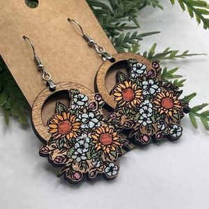 Wood Earrings SVG Sunflower Bouquet Laser Glowforge File