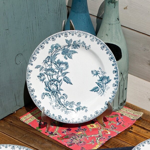 Late 1890s/Early 1900s ~ French Antique TRANSFERWARE Small Plate ~  Léon Graves 'LG' ~ 'Rose Trimiere' Pattern ~ Terre de fer ~ Ironstone